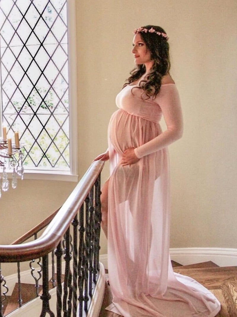 YnimioAOX Women's Off Shoulder Long Sleeve Maternity Dress for Photography Chiffon Maternity Gown for Photoshoot - Image 5